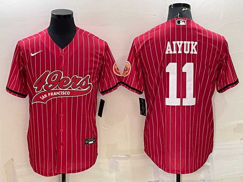 Men%27s San Francisco 49ers #11 Brandon Aiyuk Red Pinstripe With Patch Cool Base Stitched Baseball Jersey